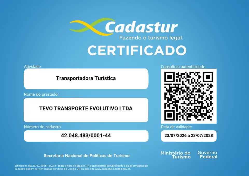 Certificado Cadastur da TEVO Transporte Evolutivo