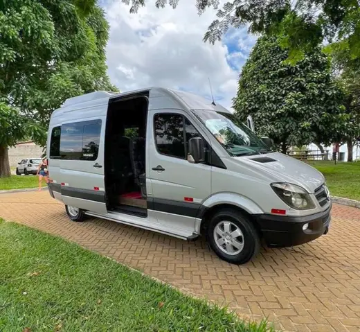 Van executiva Sprinter prata com a porta lateral aberta em um parque arborizado